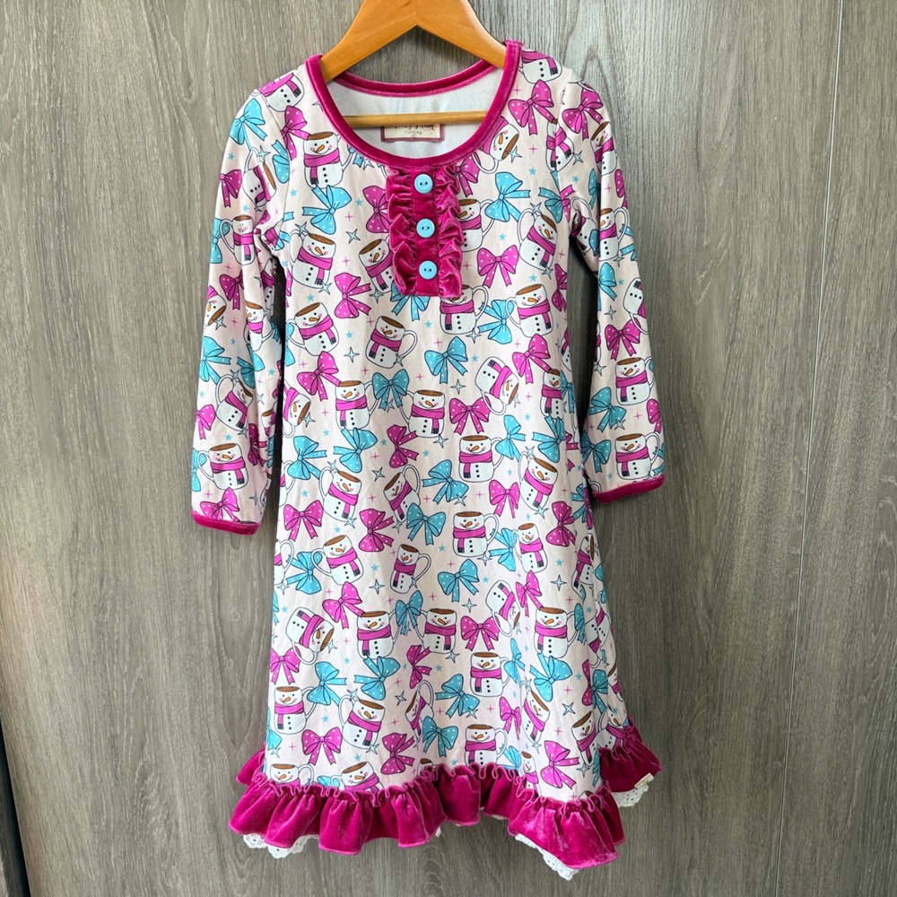 Cheeky Plum Nightgown Girls 4T Pink Snowman Velvet Trim Ruffle Holiday Boutique